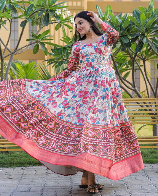 Hypnotic Banarasi Silk Kalamkari Printed Stitched Designer Gown - INDIAN ELEGANCE