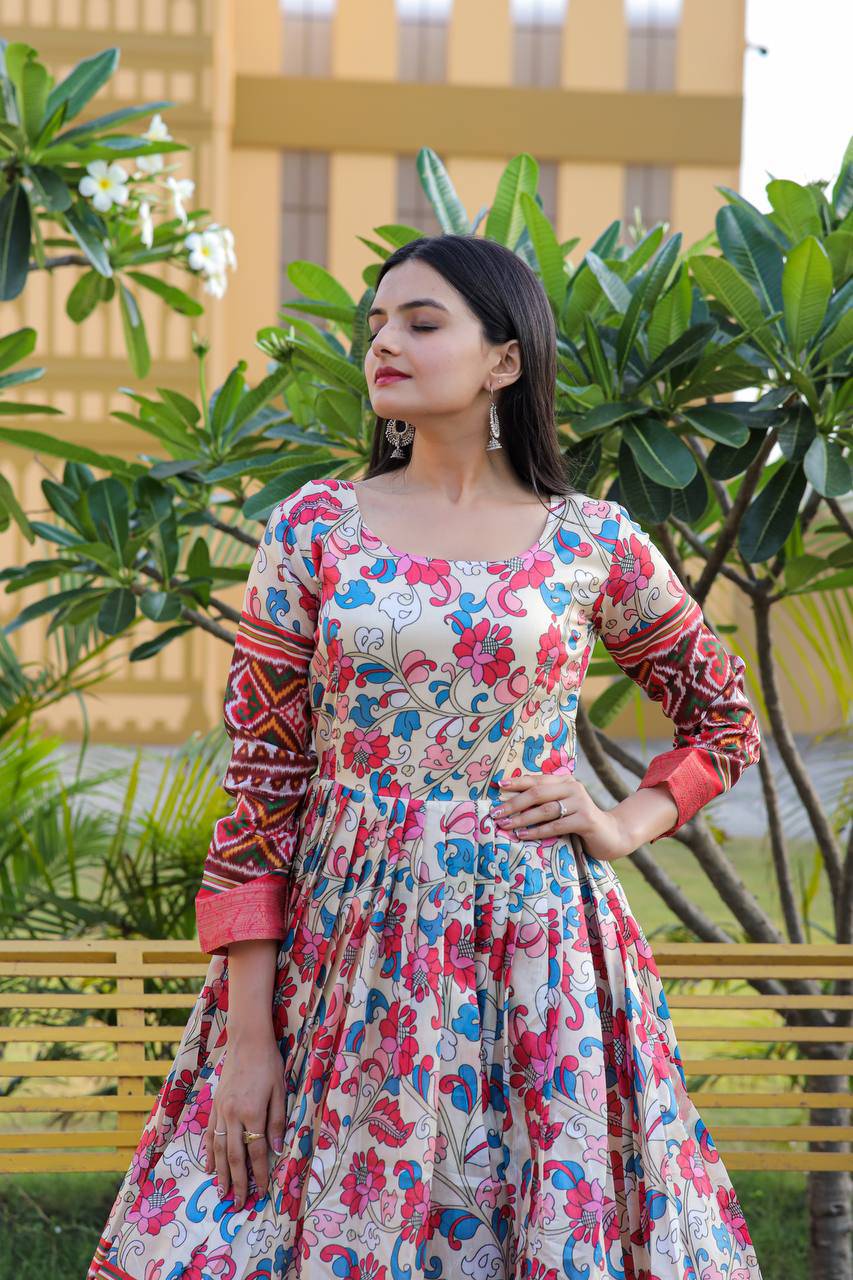 Hypnotic Banarasi Silk Kalamkari Printed Stitched Designer Gown - INDIAN ELEGANCE
