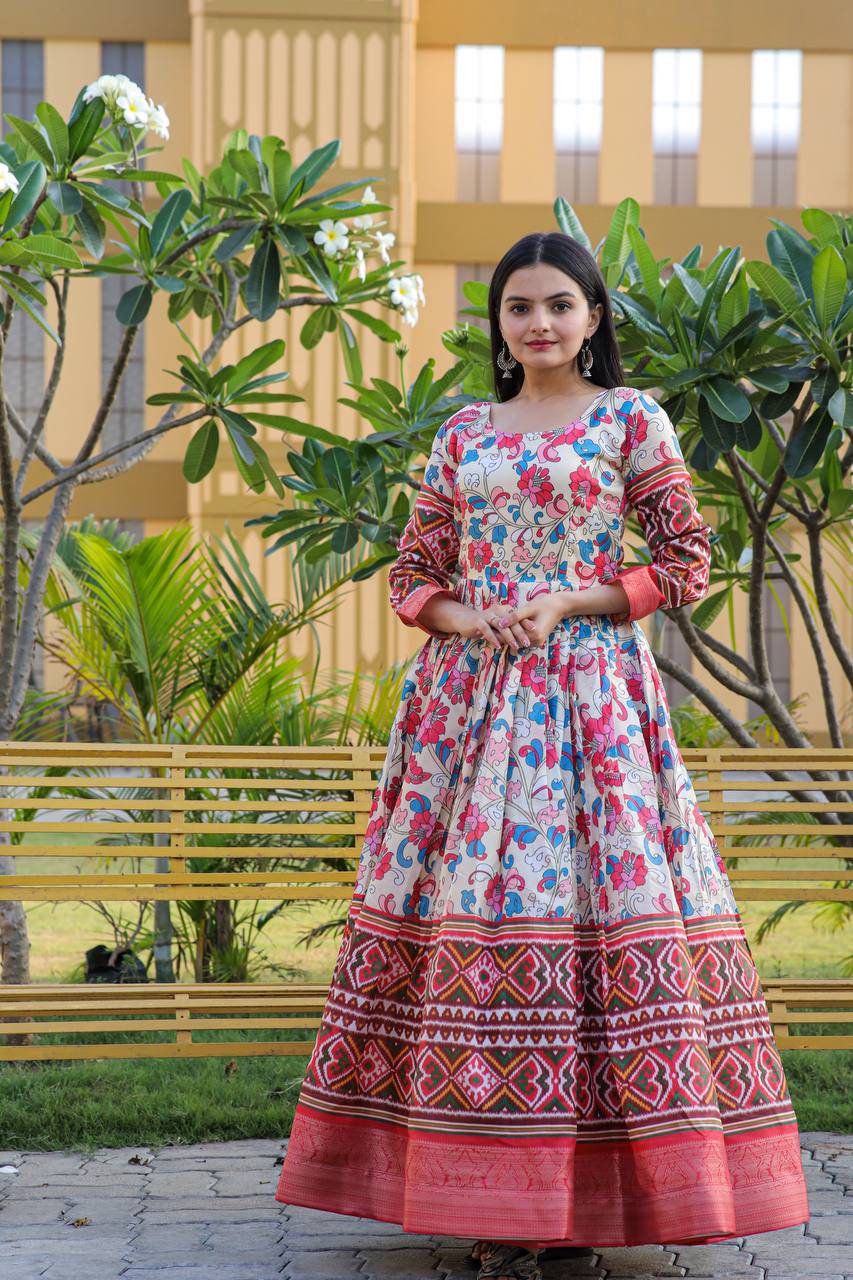 Hypnotic Banarasi Silk Kalamkari Printed Stitched Designer Gown - INDIAN ELEGANCE