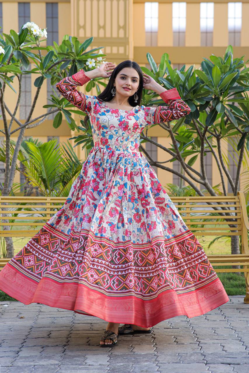 Hypnotic Banarasi Silk Kalamkari Printed Stitched Designer Gown - INDIAN ELEGANCE