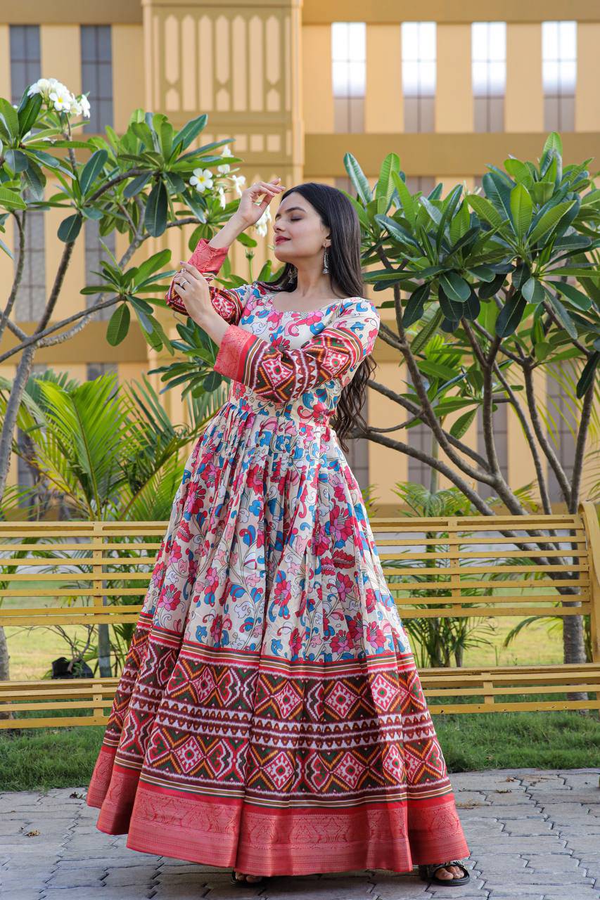 Hypnotic Banarasi Silk Kalamkari Printed Stitched Designer Gown - INDIAN ELEGANCE