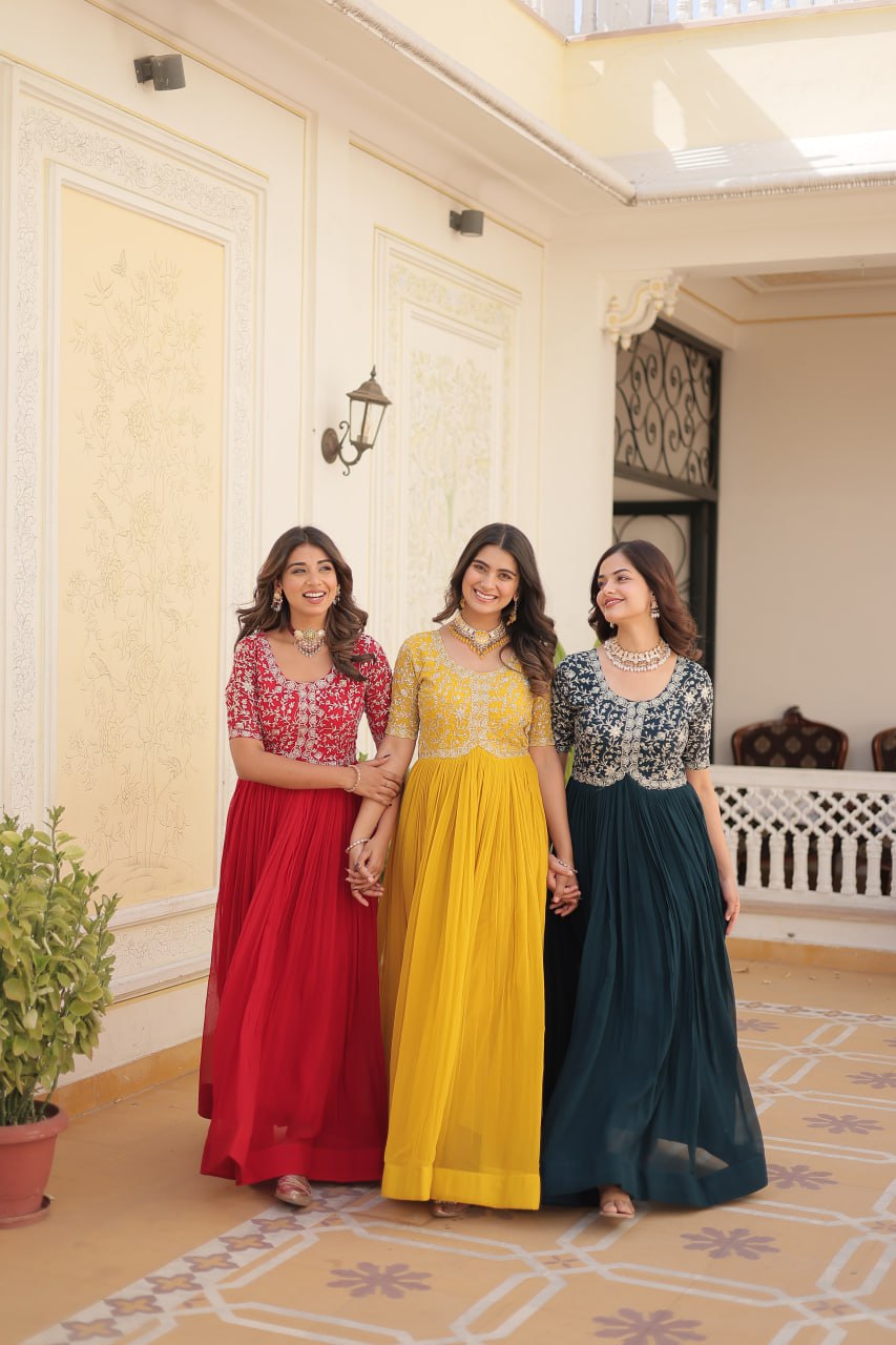 Elegant Faux Georgette Zari Sequins Worked Designer Gown - INDIAN ELEGANCE