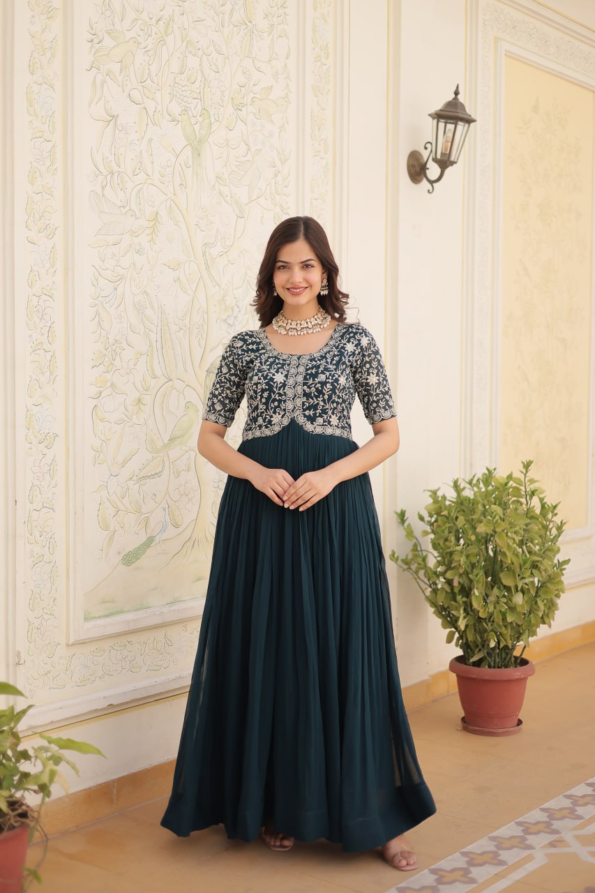 Elegant Faux Georgette Zari Sequins Worked Designer Gown - INDIAN ELEGANCE
