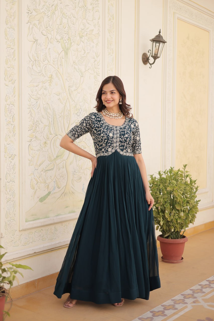 Elegant Faux Georgette Zari Sequins Worked Designer Gown - INDIAN ELEGANCE