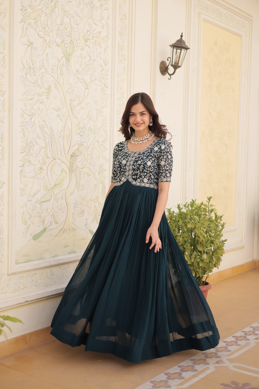 Elegant Faux Georgette Zari Sequins Worked Designer Gown - INDIAN ELEGANCE