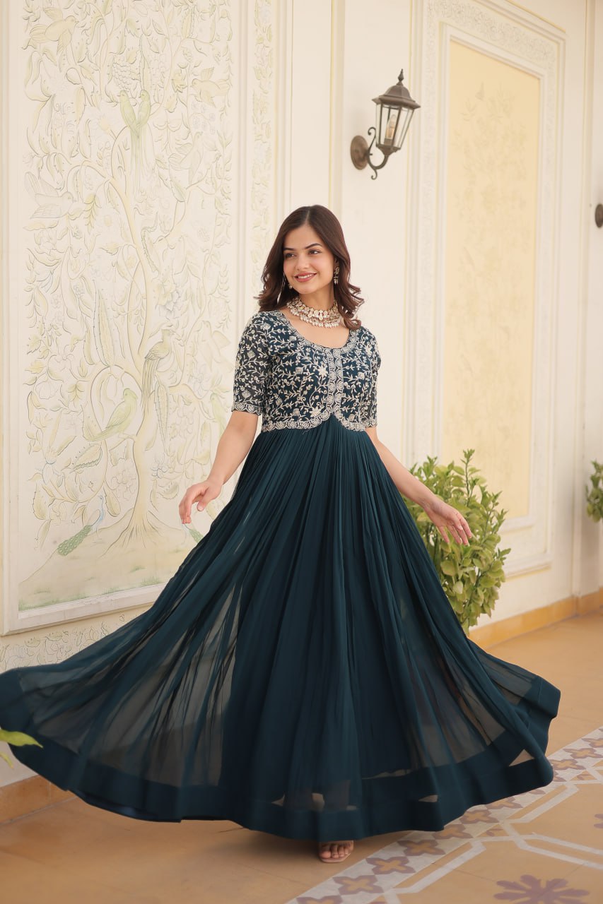 Elegant Faux Georgette Zari Sequins Worked Designer Gown - INDIAN ELEGANCE