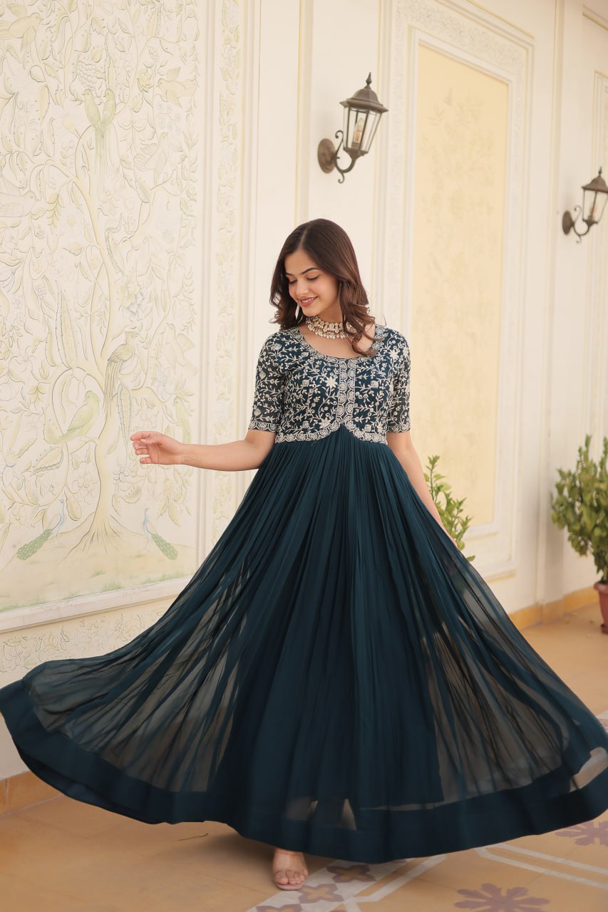 Elegant Faux Georgette Zari Sequins Worked Designer Gown - INDIAN ELEGANCE