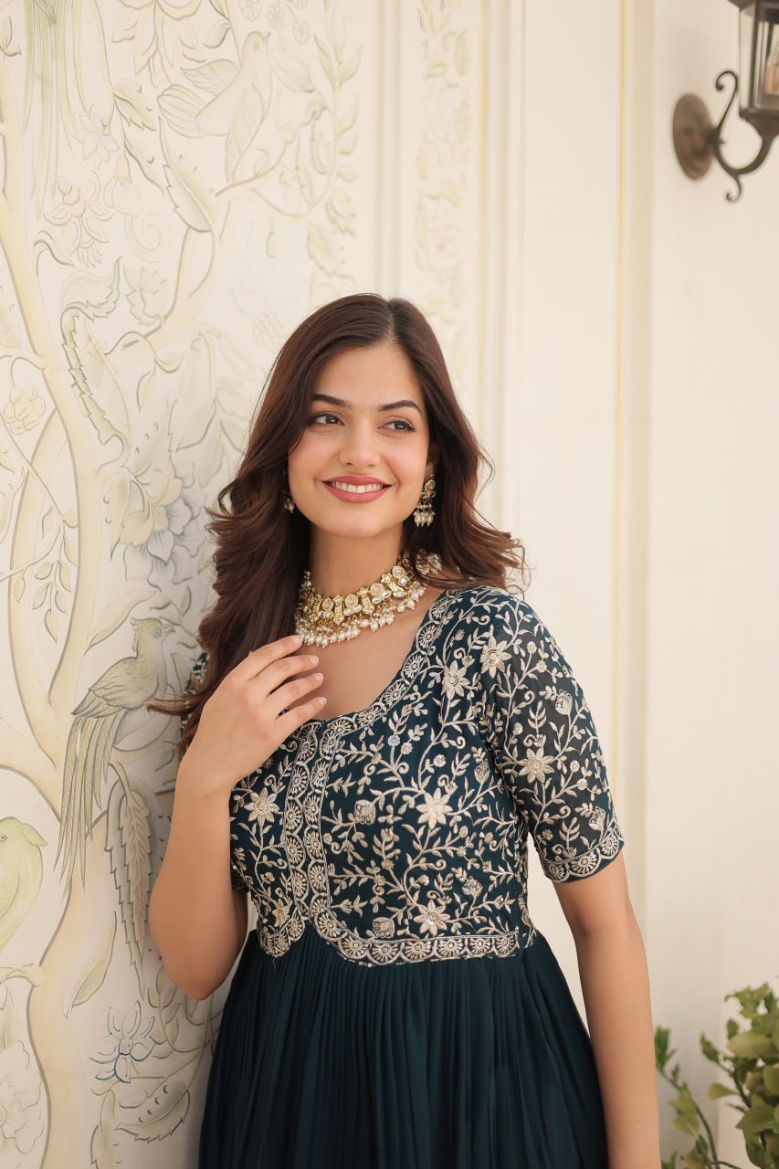 Elegant Faux Georgette Zari Sequins Worked Designer Gown - INDIAN ELEGANCE