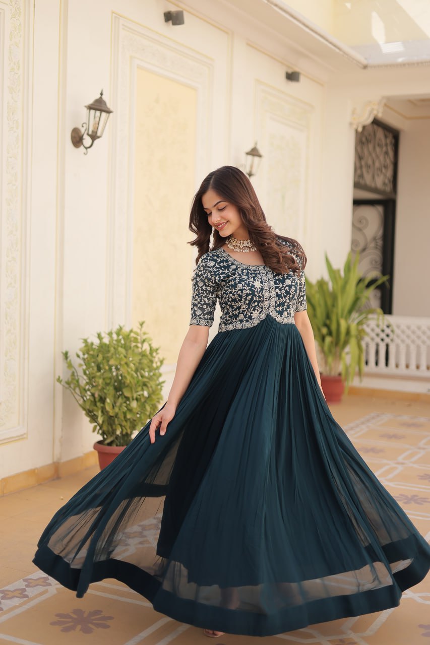 Elegant Faux Georgette Zari Sequins Worked Designer Gown - INDIAN ELEGANCE
