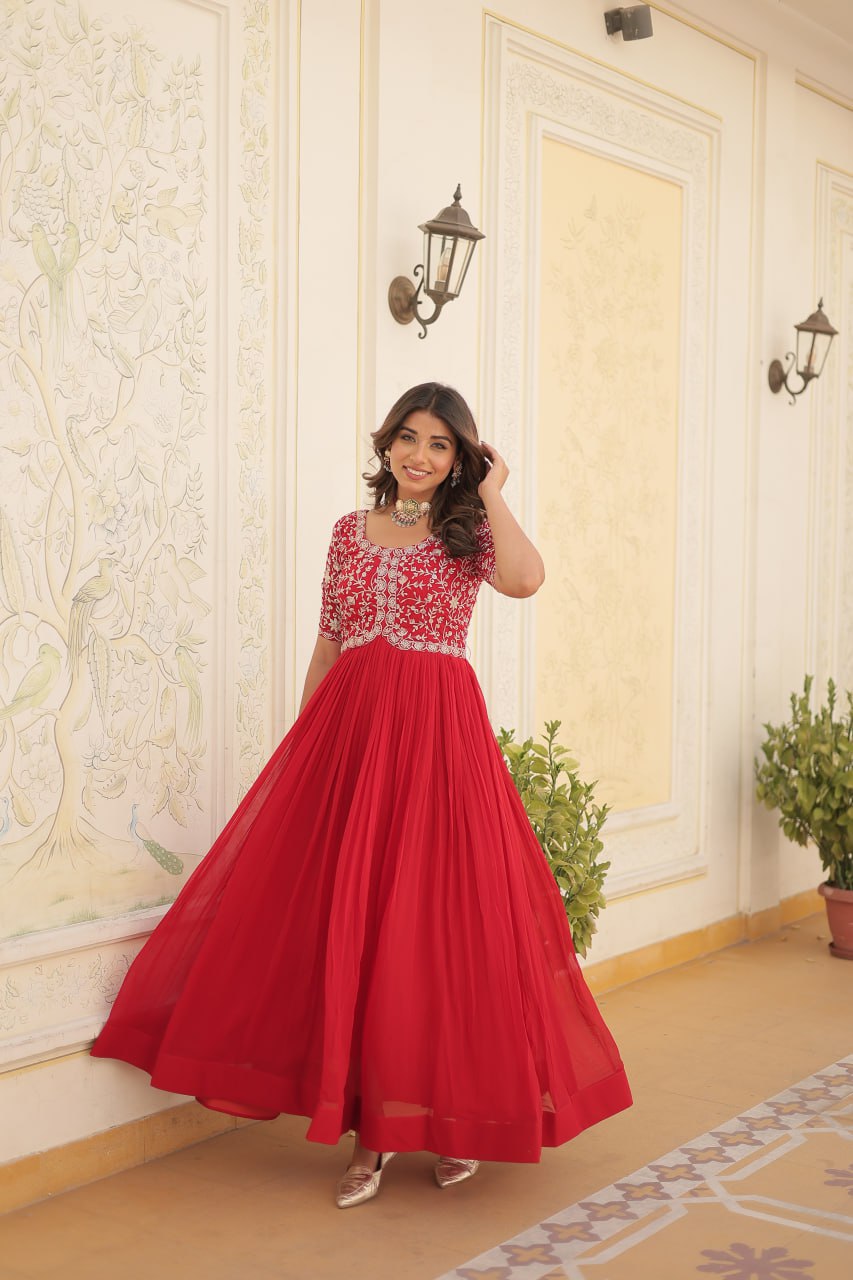 Elegant Faux Georgette Zari Sequins Worked Designer Gown - INDIAN ELEGANCE