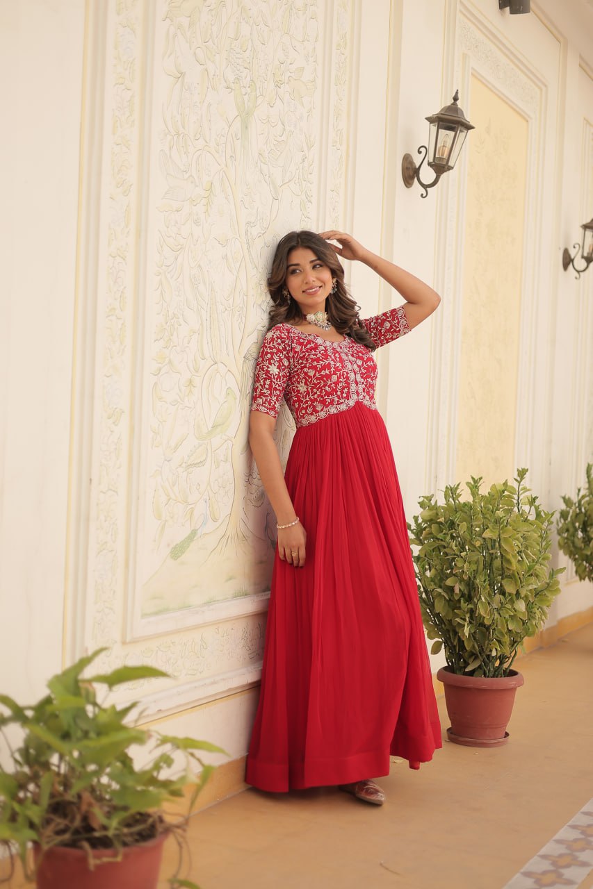 Elegant Faux Georgette Zari Sequins Worked Designer Gown - INDIAN ELEGANCE