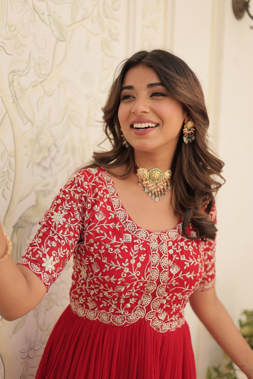 Elegant Faux Georgette Zari Sequins Worked Designer Gown - INDIAN ELEGANCE