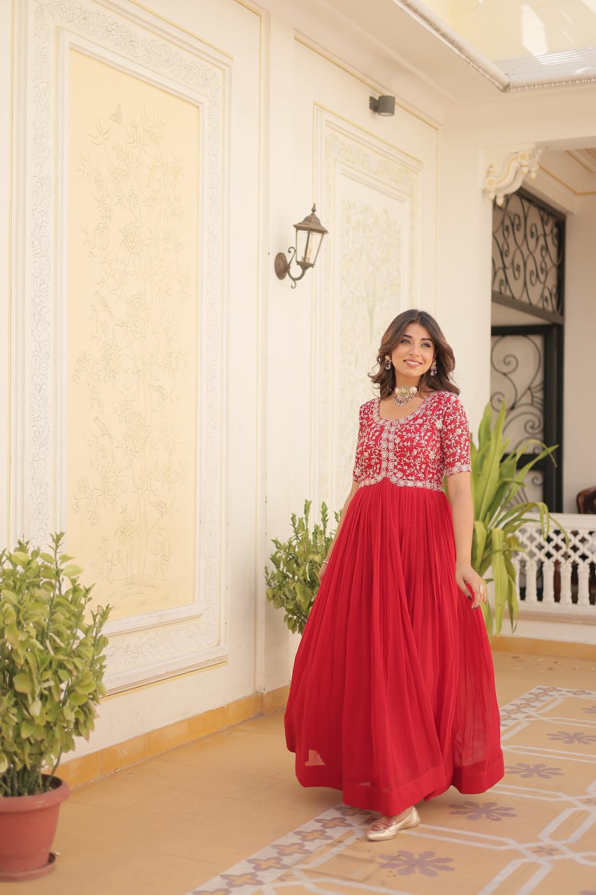 Elegant Faux Georgette Zari Sequins Worked Designer Gown - INDIAN ELEGANCE