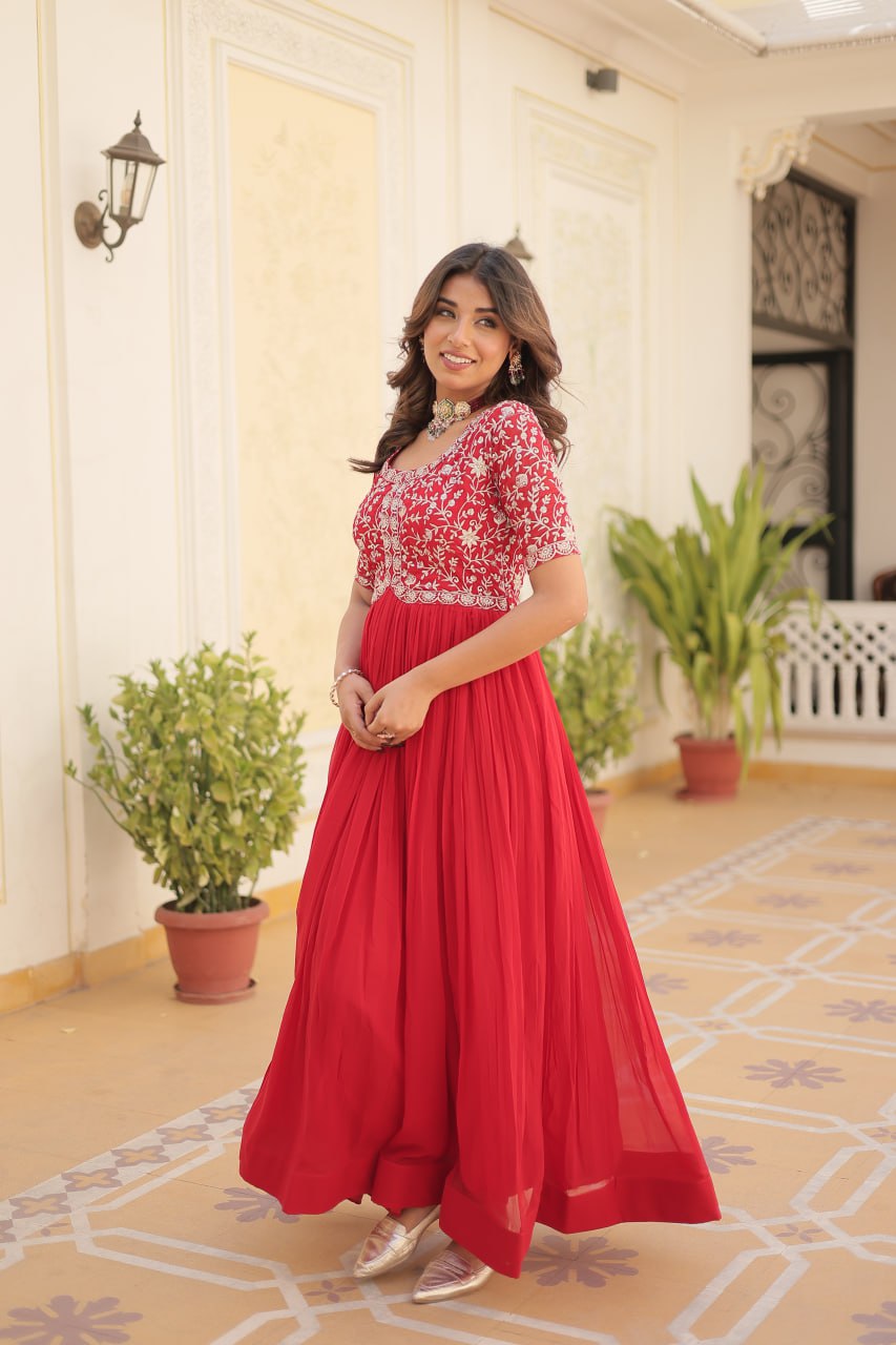 Elegant Faux Georgette Zari Sequins Worked Designer Gown - INDIAN ELEGANCE
