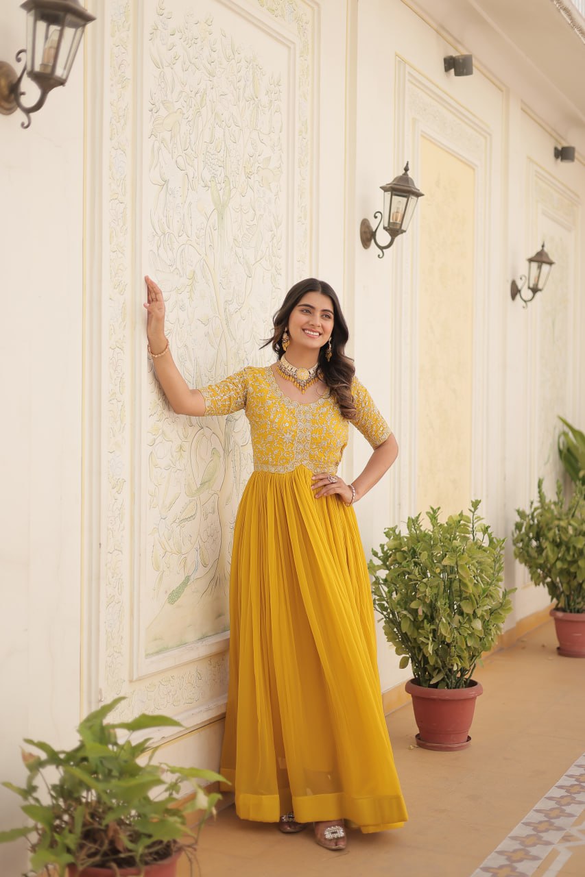 Elegant Faux Georgette Zari Sequins Worked Designer Gown - INDIAN ELEGANCE