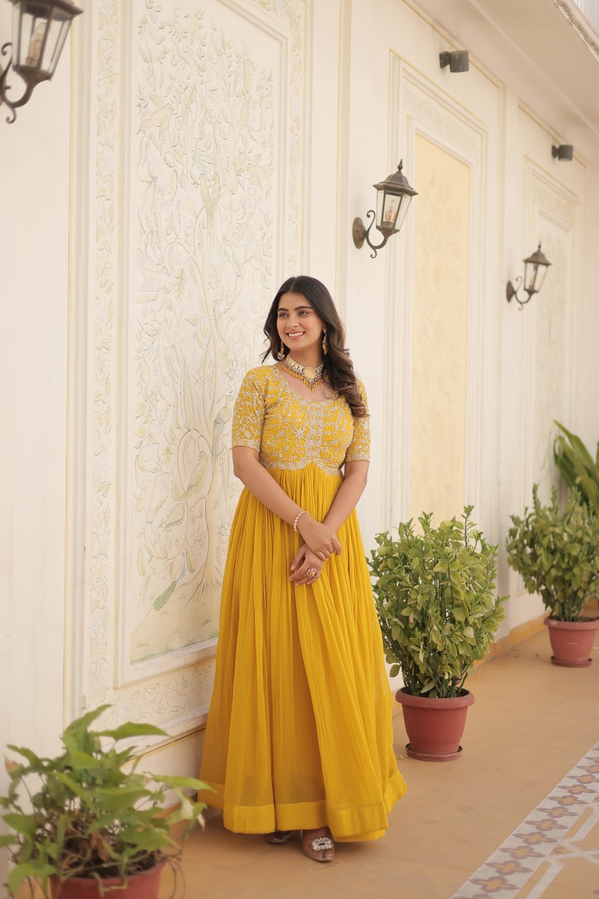 Elegant Faux Georgette Zari Sequins Worked Designer Gown - INDIAN ELEGANCE