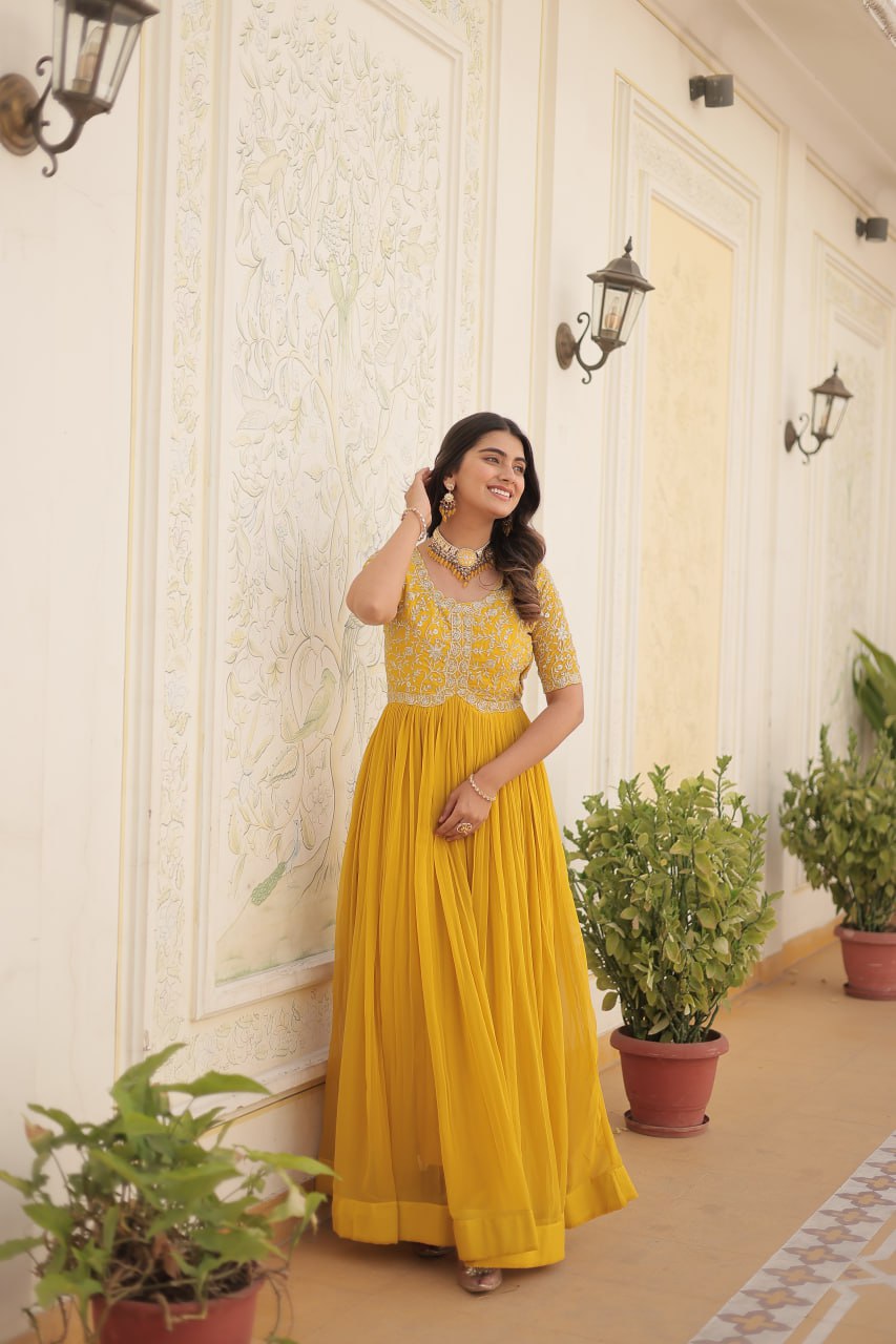 Elegant Faux Georgette Zari Sequins Worked Designer Gown - INDIAN ELEGANCE