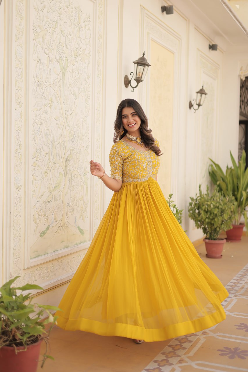 Elegant Faux Georgette Zari Sequins Worked Designer Gown - INDIAN ELEGANCE