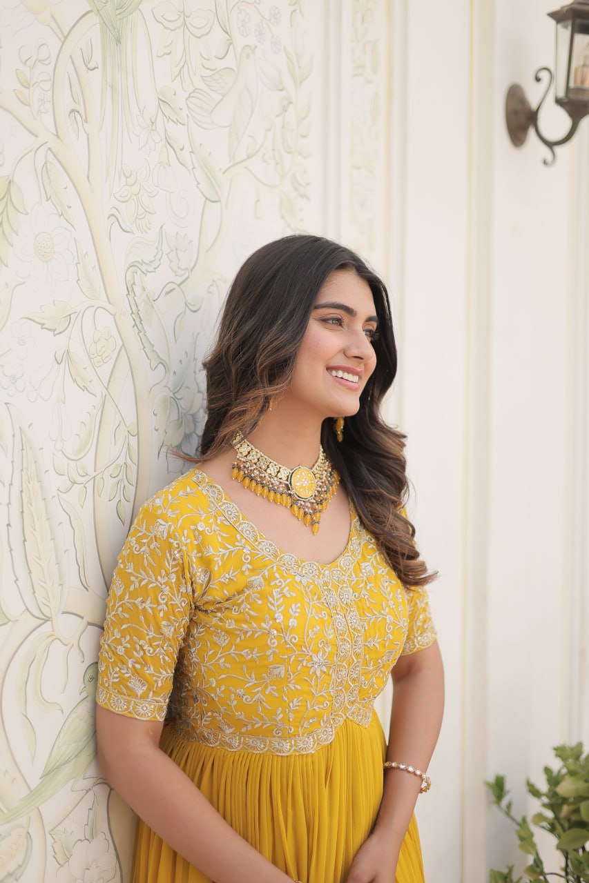 Elegant Faux Georgette Zari Sequins Worked Designer Gown - INDIAN ELEGANCE