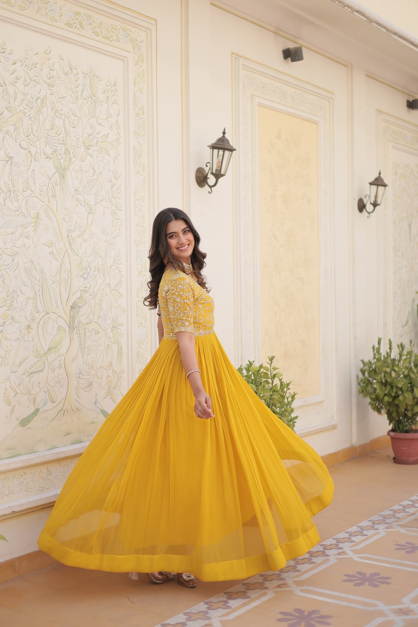 Elegant Faux Georgette Zari Sequins Worked Designer Gown - INDIAN ELEGANCE
