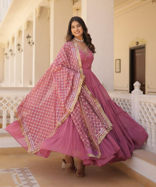 Gorgeous Faux Georgette Sequins Embroidered Gown With Dupatta - INDIAN ELEGANCE