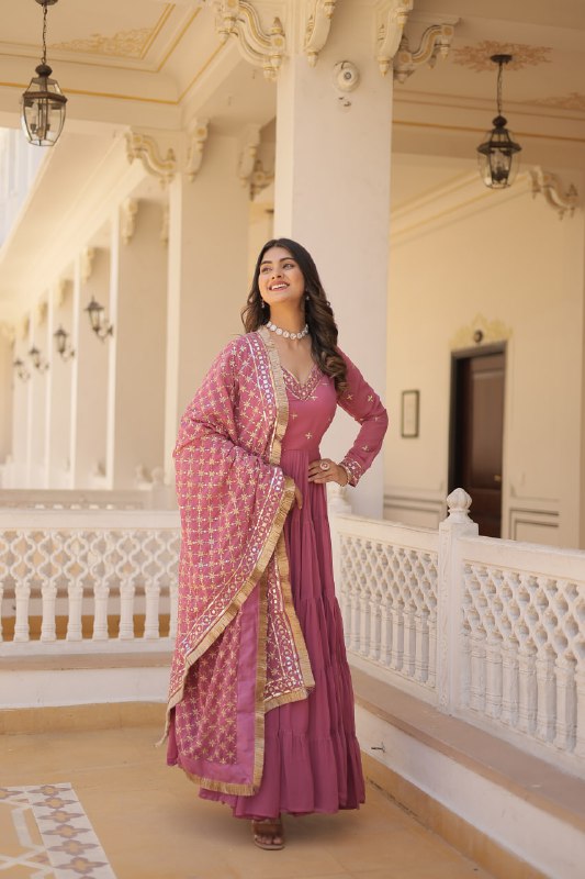 Gorgeous Faux Georgette Sequins Embroidered Gown With Dupatta - INDIAN ELEGANCE