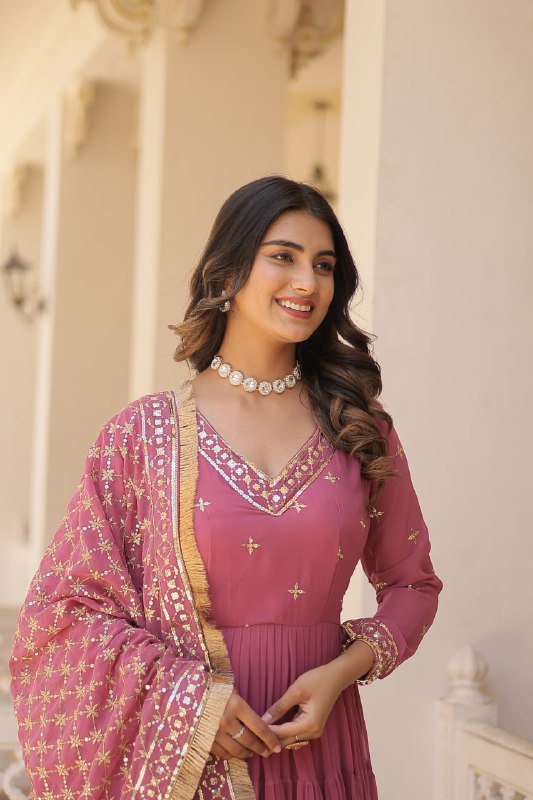 Gorgeous Faux Georgette Sequins Embroidered Gown With Dupatta - INDIAN ELEGANCE