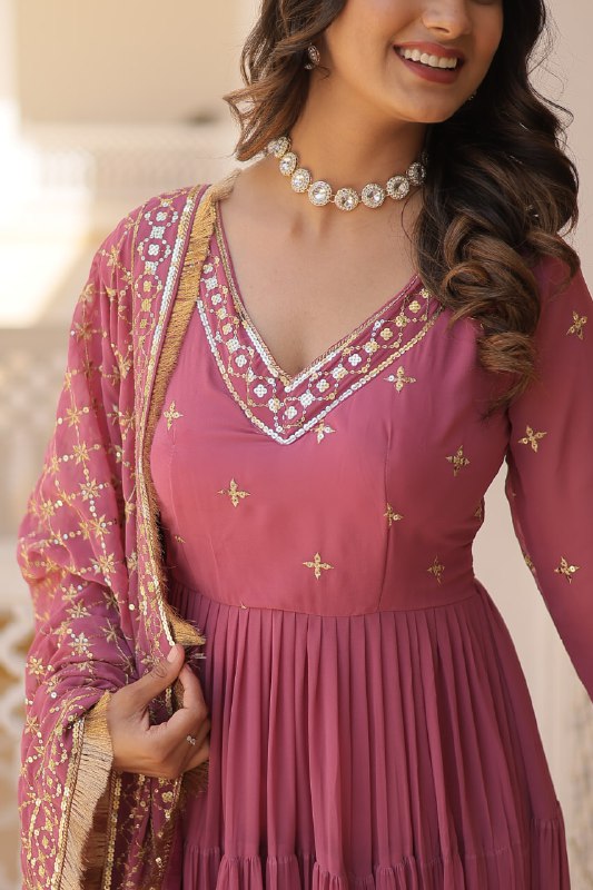 Gorgeous Faux Georgette Sequins Embroidered Gown With Dupatta - INDIAN ELEGANCE