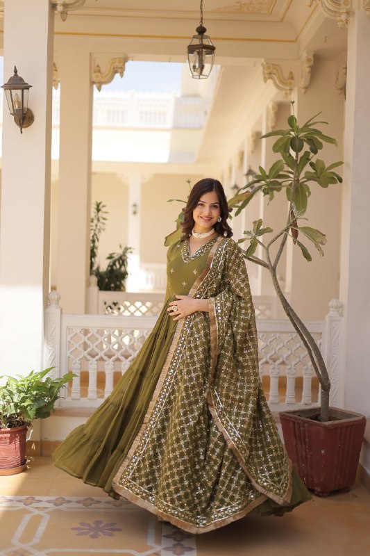 Gorgeous Faux Georgette Sequins Embroidered Gown With Dupatta - INDIAN ELEGANCE