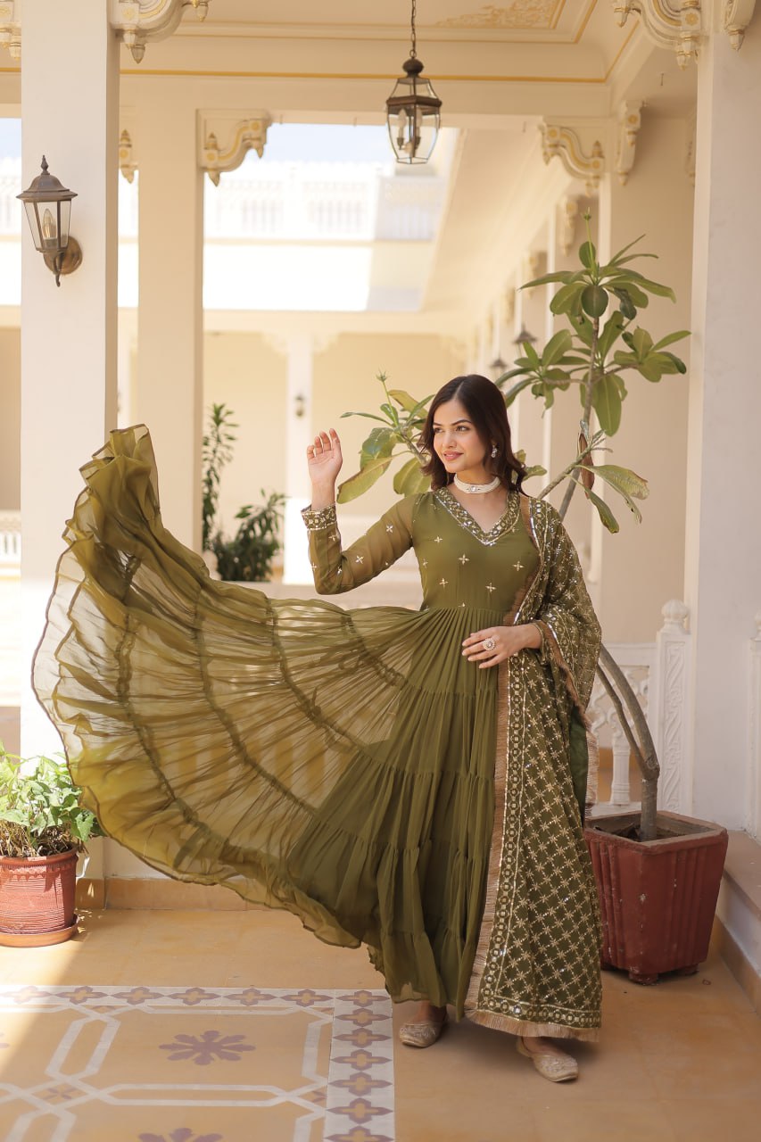Gorgeous Faux Georgette Sequins Embroidered Gown With Dupatta - INDIAN ELEGANCE