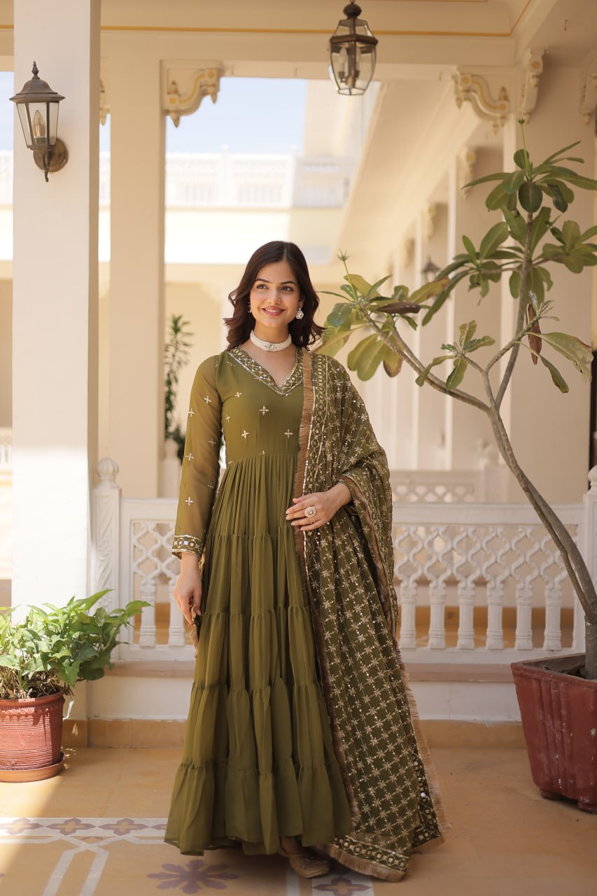 Gorgeous Faux Georgette Sequins Embroidered Gown With Dupatta - INDIAN ELEGANCE