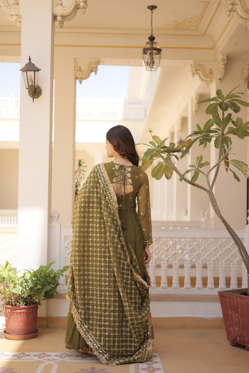 Gorgeous Faux Georgette Sequins Embroidered Gown With Dupatta - INDIAN ELEGANCE