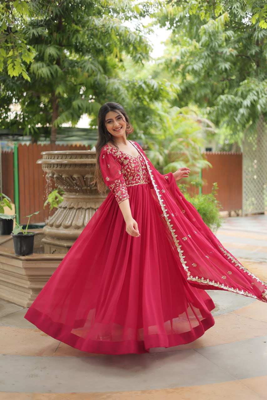 Dashing Pink Faux Georgette Sequins Embroidered Gown With Dupatta - INDIAN ELEGANCE