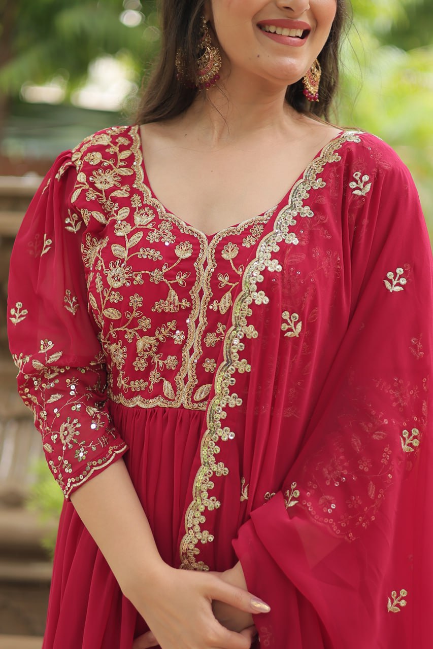 Dashing Pink Faux Georgette Sequins Embroidered Gown With Dupatta - INDIAN ELEGANCE