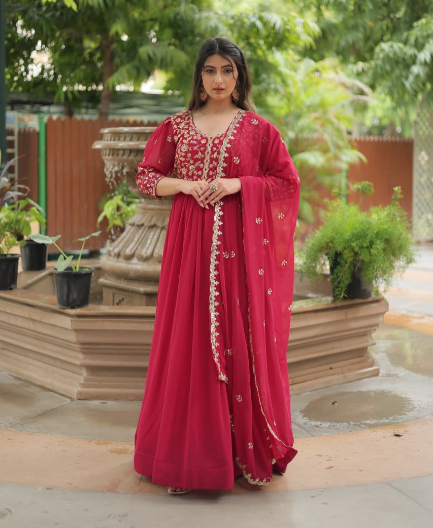 Dashing Pink Faux Georgette Sequins Embroidered Gown With Dupatta - INDIAN ELEGANCE