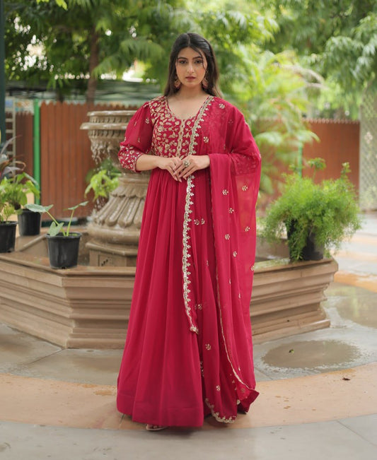 Dashing Pink Faux Georgette Sequins Embroidered Gown With Dupatta - INDIAN ELEGANCE