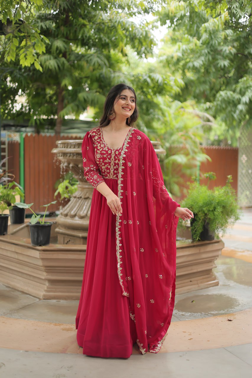 Dashing Pink Faux Georgette Sequins Embroidered Gown With Dupatta - INDIAN ELEGANCE