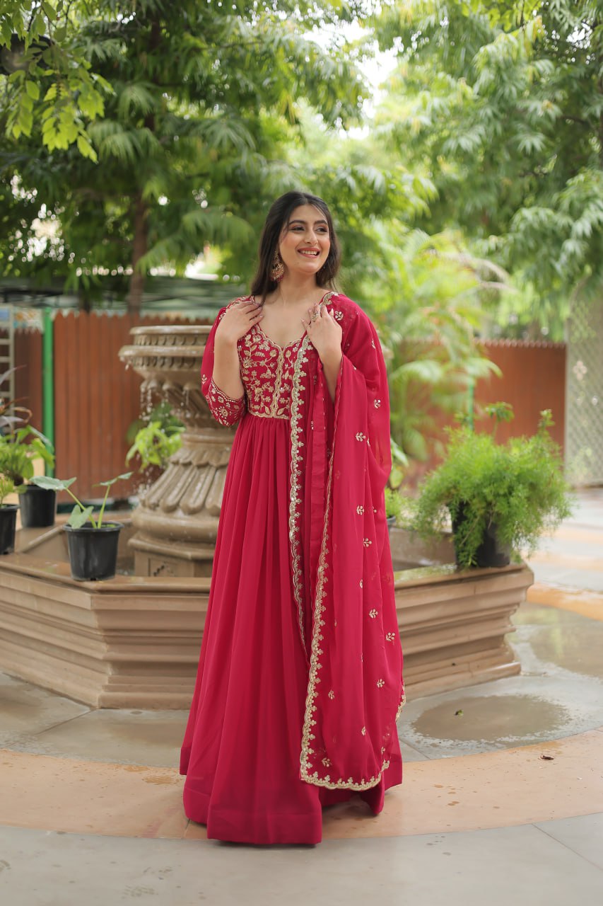 Dashing Pink Faux Georgette Sequins Embroidered Gown With Dupatta - INDIAN ELEGANCE