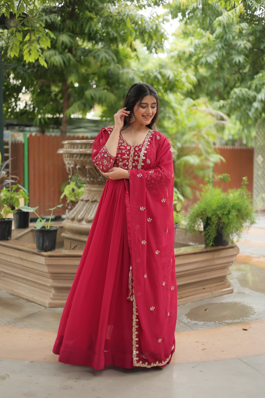 Dashing Pink Faux Georgette Sequins Embroidered Gown With Dupatta - INDIAN ELEGANCE