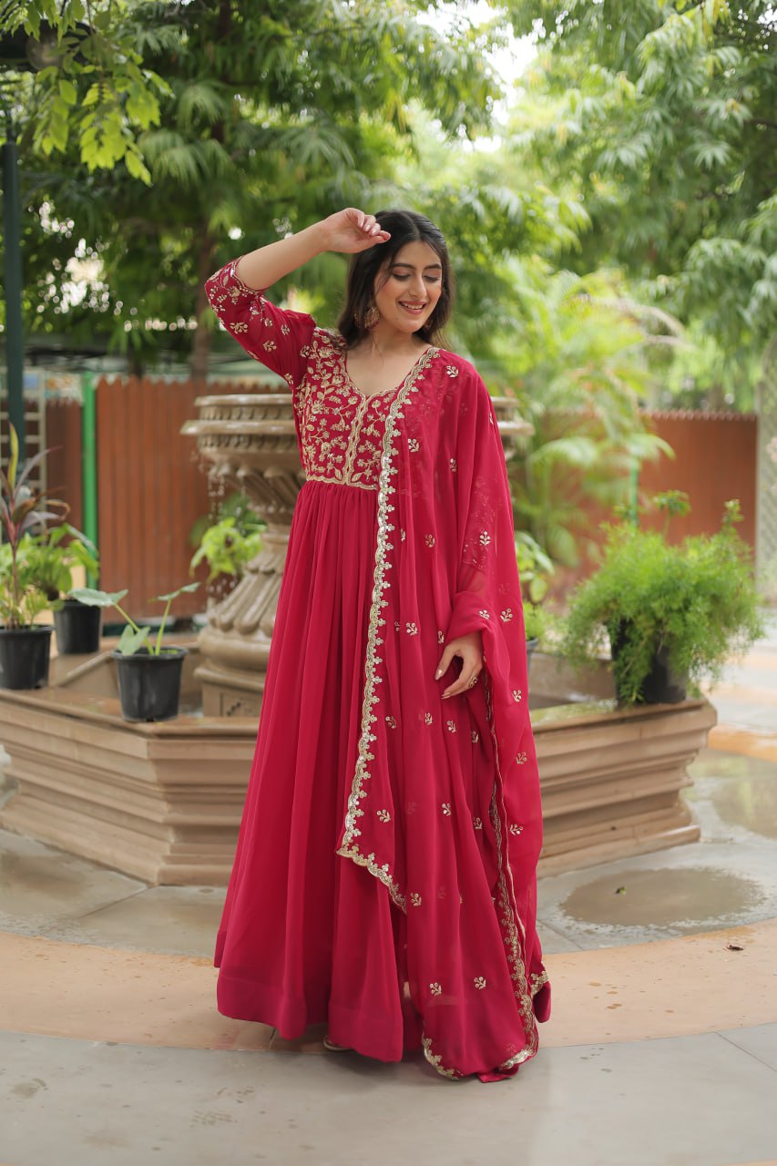 Dashing Pink Faux Georgette Sequins Embroidered Gown With Dupatta - INDIAN ELEGANCE