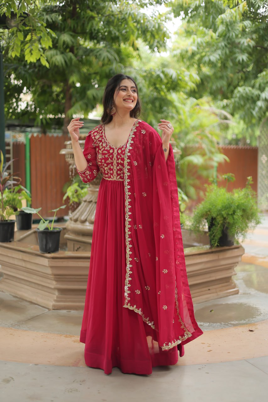 Dashing Pink Faux Georgette Sequins Embroidered Gown With Dupatta - INDIAN ELEGANCE