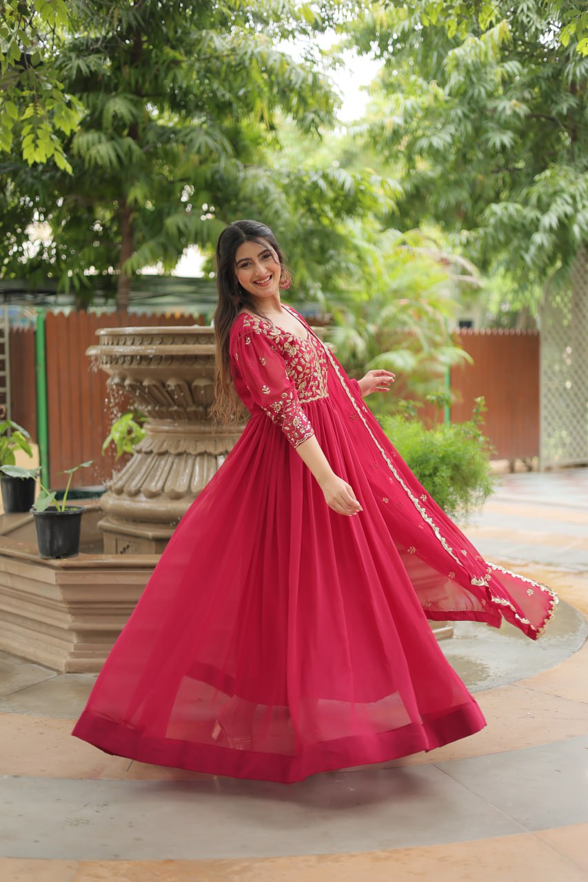 Dashing Pink Faux Georgette Sequins Embroidered Gown With Dupatta - INDIAN ELEGANCE