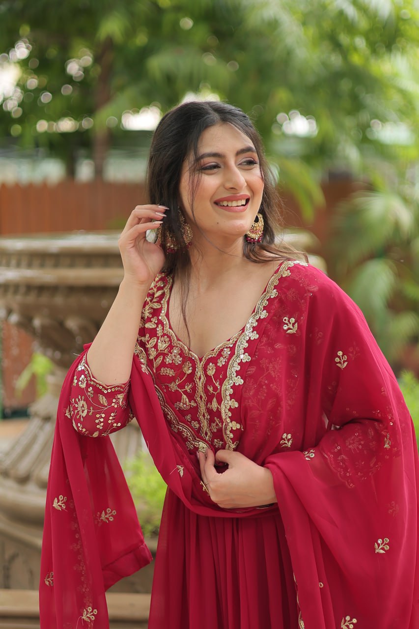 Dashing Pink Faux Georgette Sequins Embroidered Gown With Dupatta - INDIAN ELEGANCE
