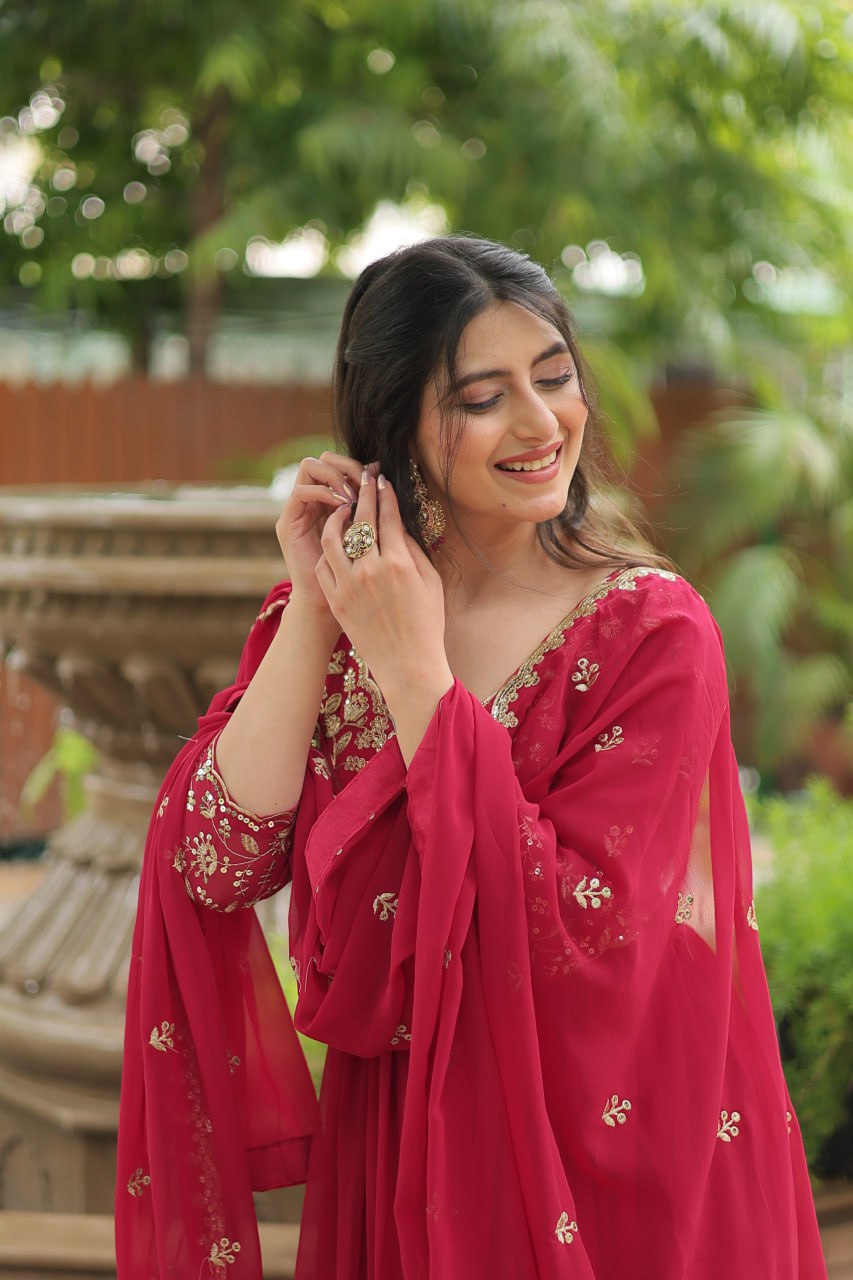 Dashing Pink Faux Georgette Sequins Embroidered Gown With Dupatta - INDIAN ELEGANCE