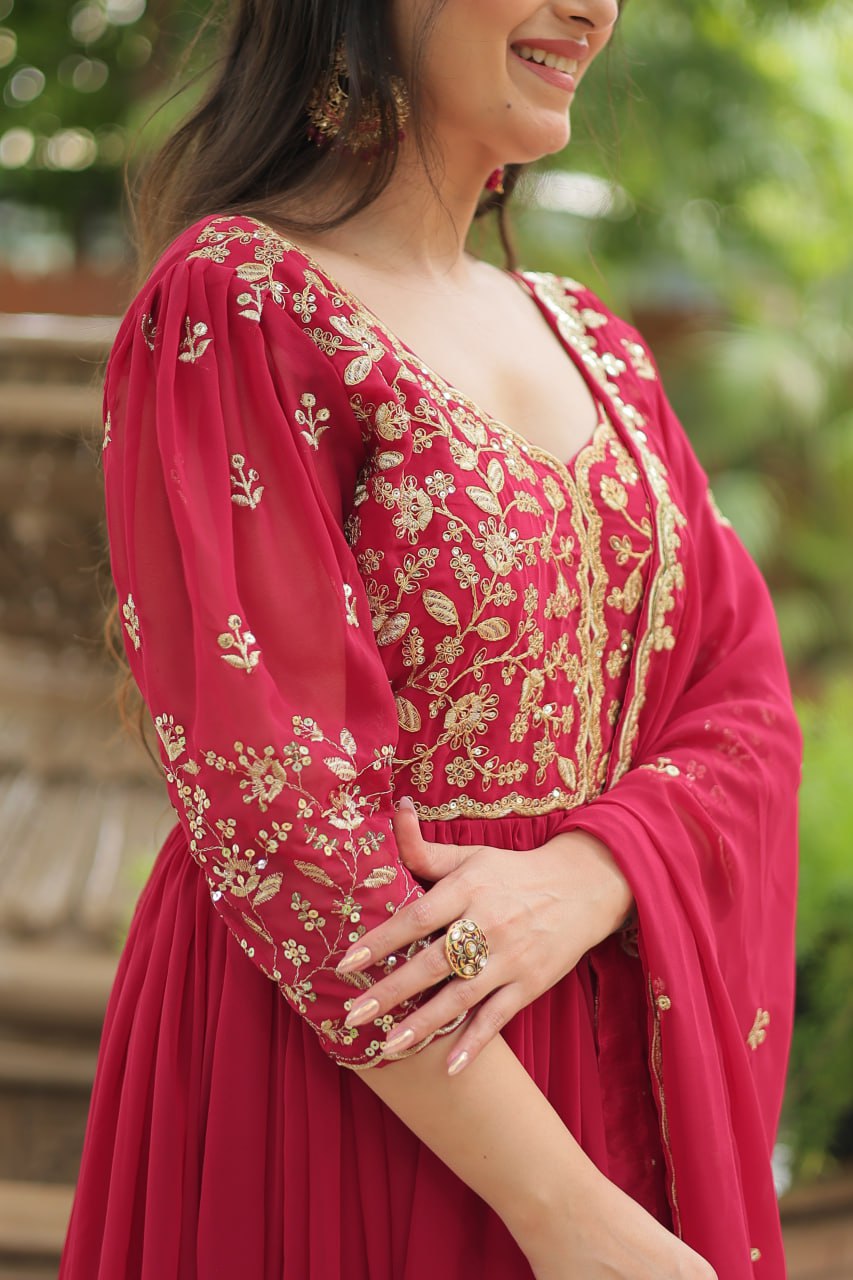 Dashing Pink Faux Georgette Sequins Embroidered Gown With Dupatta - INDIAN ELEGANCE
