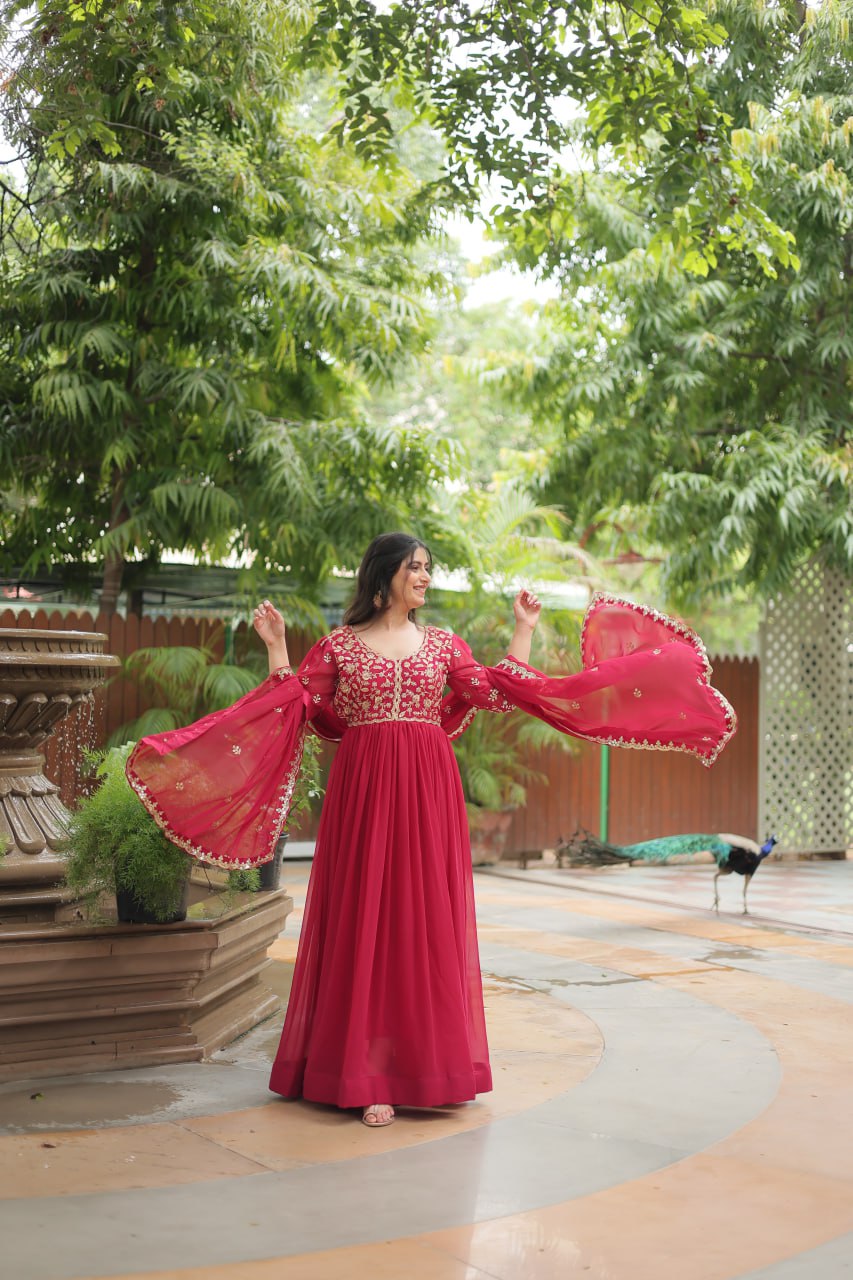 Dashing Pink Faux Georgette Sequins Embroidered Gown With Dupatta - INDIAN ELEGANCE