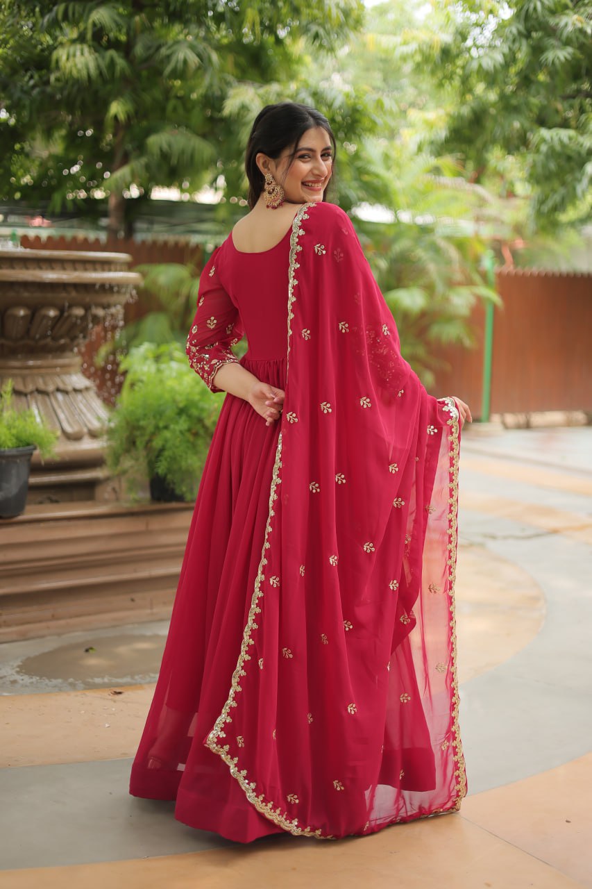 Dashing Pink Faux Georgette Sequins Embroidered Gown With Dupatta - INDIAN ELEGANCE