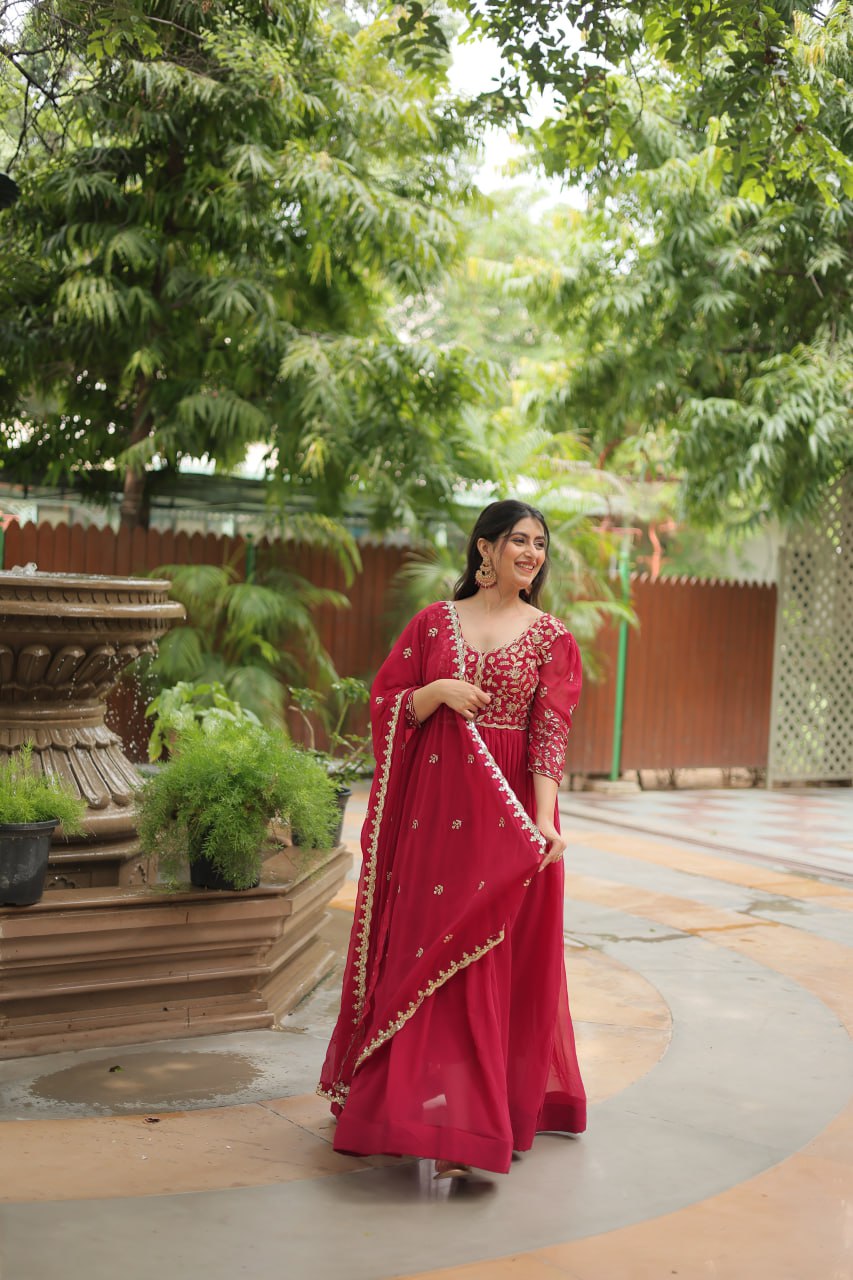 Dashing Pink Faux Georgette Sequins Embroidered Gown With Dupatta - INDIAN ELEGANCE