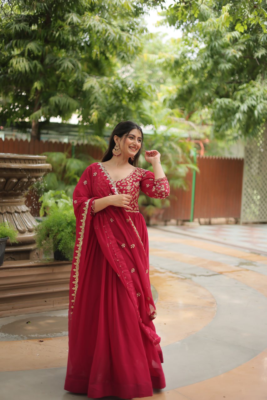 Dashing Pink Faux Georgette Sequins Embroidered Gown With Dupatta - INDIAN ELEGANCE