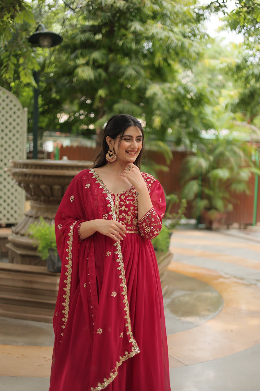 Dashing Pink Faux Georgette Sequins Embroidered Gown With Dupatta - INDIAN ELEGANCE